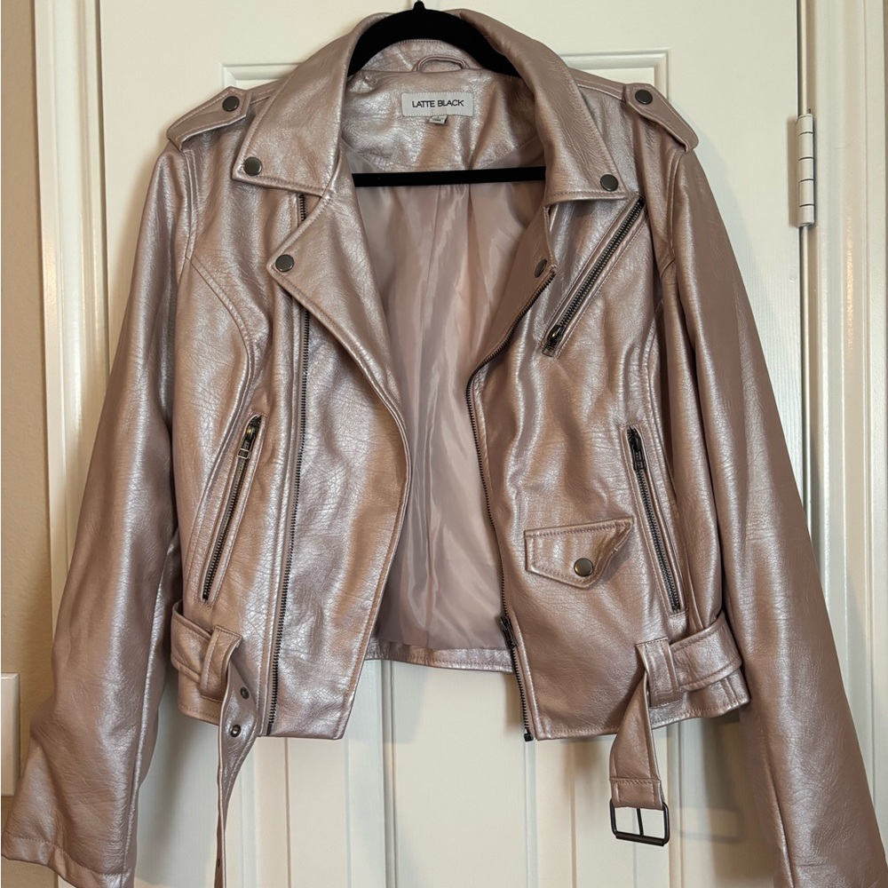 Silver Leather Moto Jacket with Belted Hem